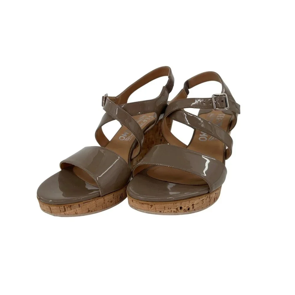 Salvatore Ferragamo Brown Patent Leather Cork‎ Wedge Sandals Adjustable 9.5